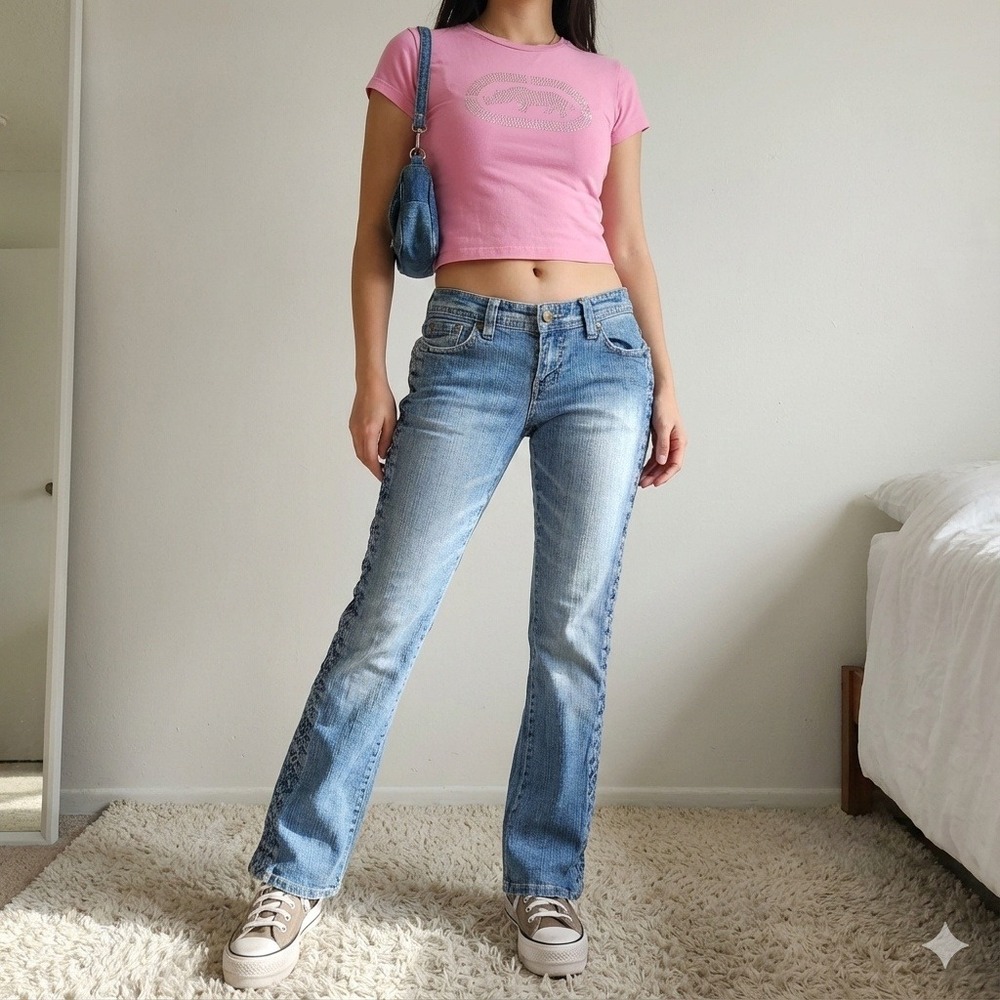 Vintage Y2k EckoRed Denim Foundry Womens 6/7 Braided Sides Low Rise Boot Cut‎
